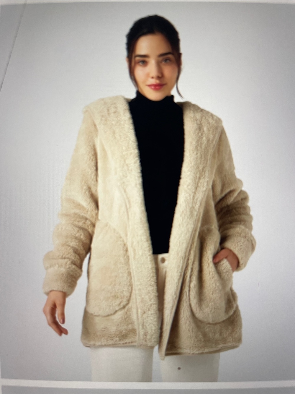 Cozy Hooded Open-Front Teddy Coat in Cream